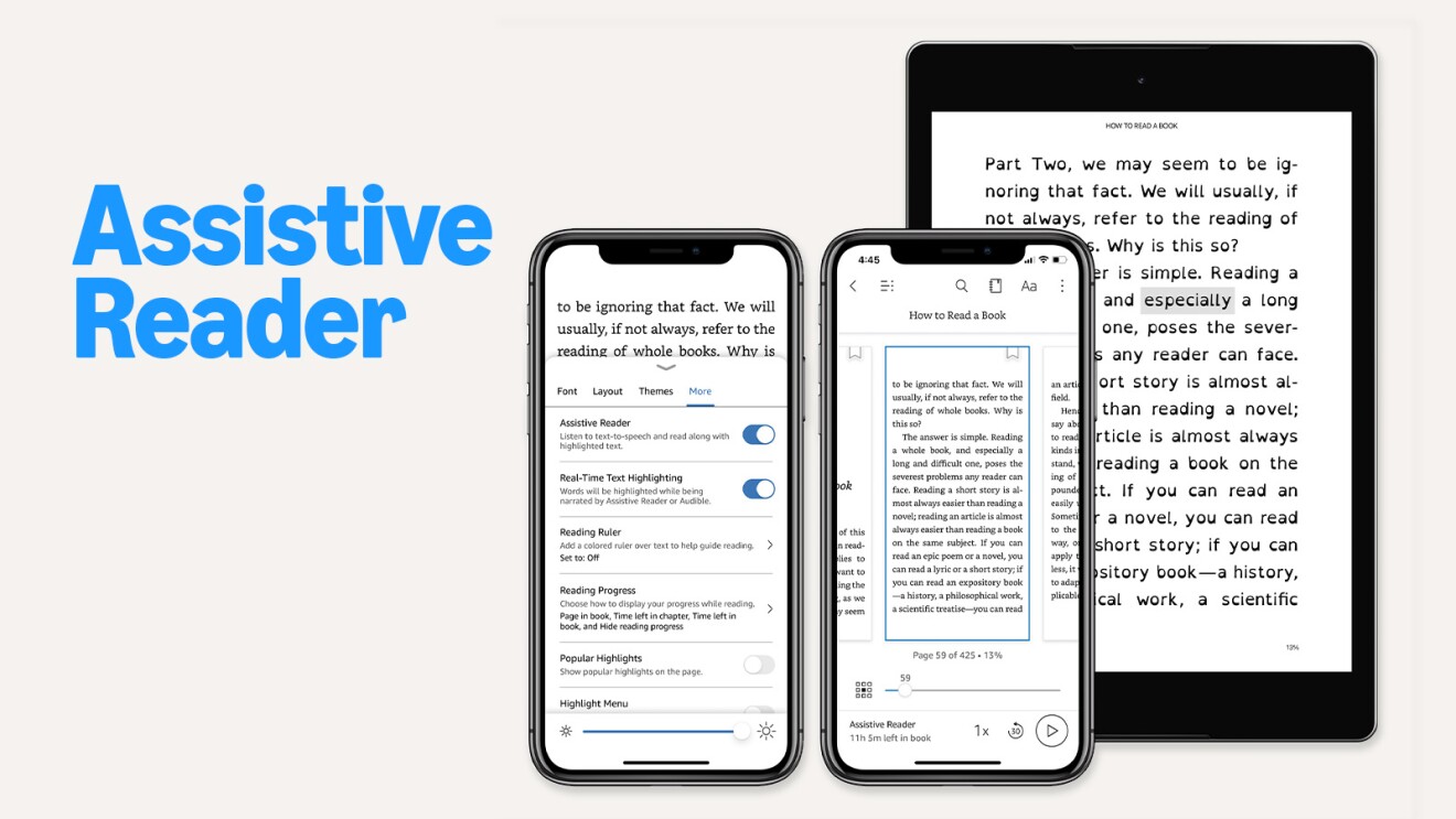 Text that reads Assistive Reader, display of assistive reader interface on smartphone and Kindle screens