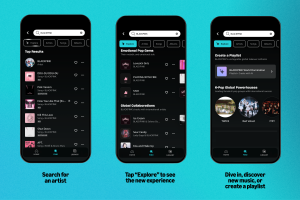 Amazon Music AI-powered search: Music streaming app layout featuring BLACKPINK and other K-pop artists