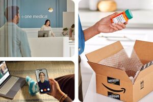 Three images: At a One Medical office reception with patient approaching counter, one with someone on a computer and talking to a clinician on the phone, and another with someone taking a prescription bottle out of an Amazon box.