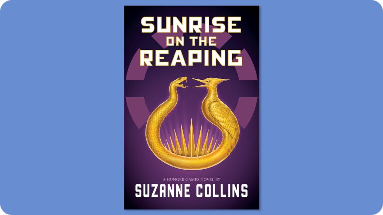 Book cover: Sunrise on the Reaping by Suzanne Collins, featuring golden mockingjay