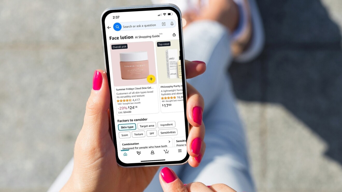 Smartphone displaying face lotion shopping guide with product images and details