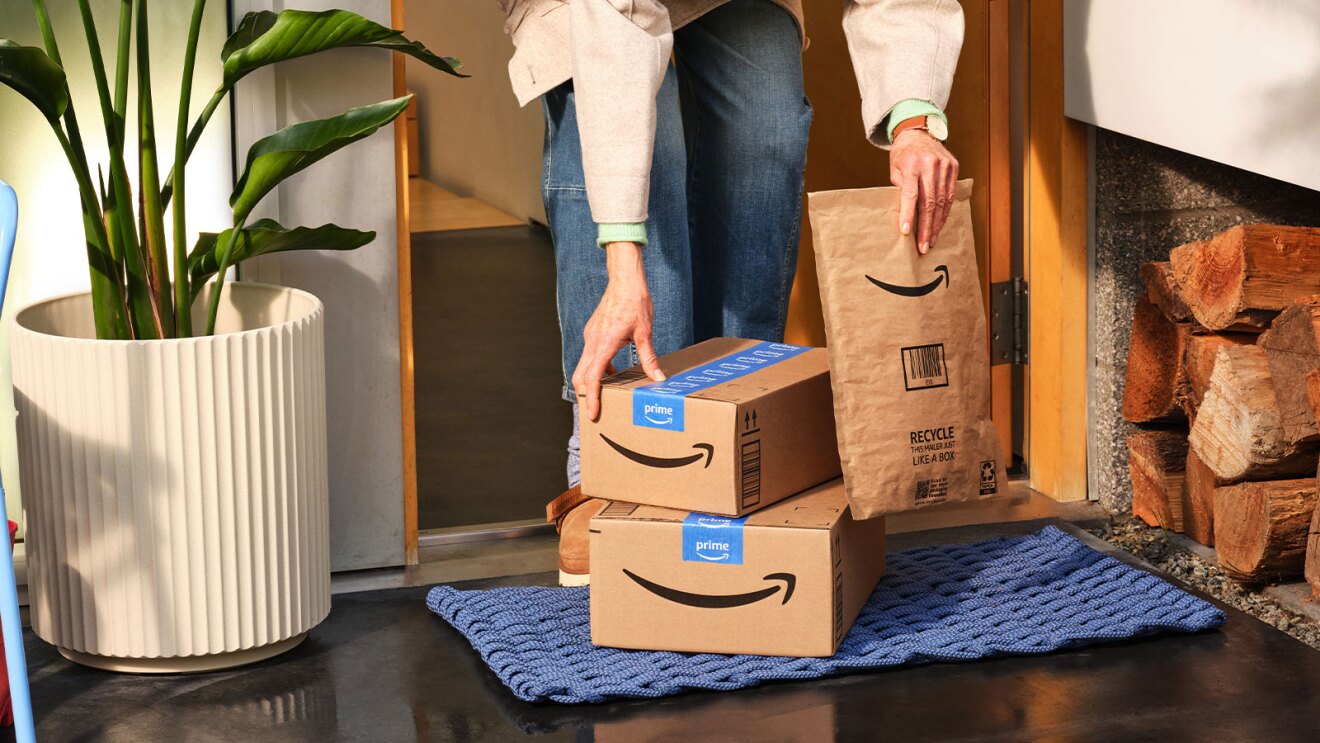 Amazon Prime packages being delivered to cozy home interior