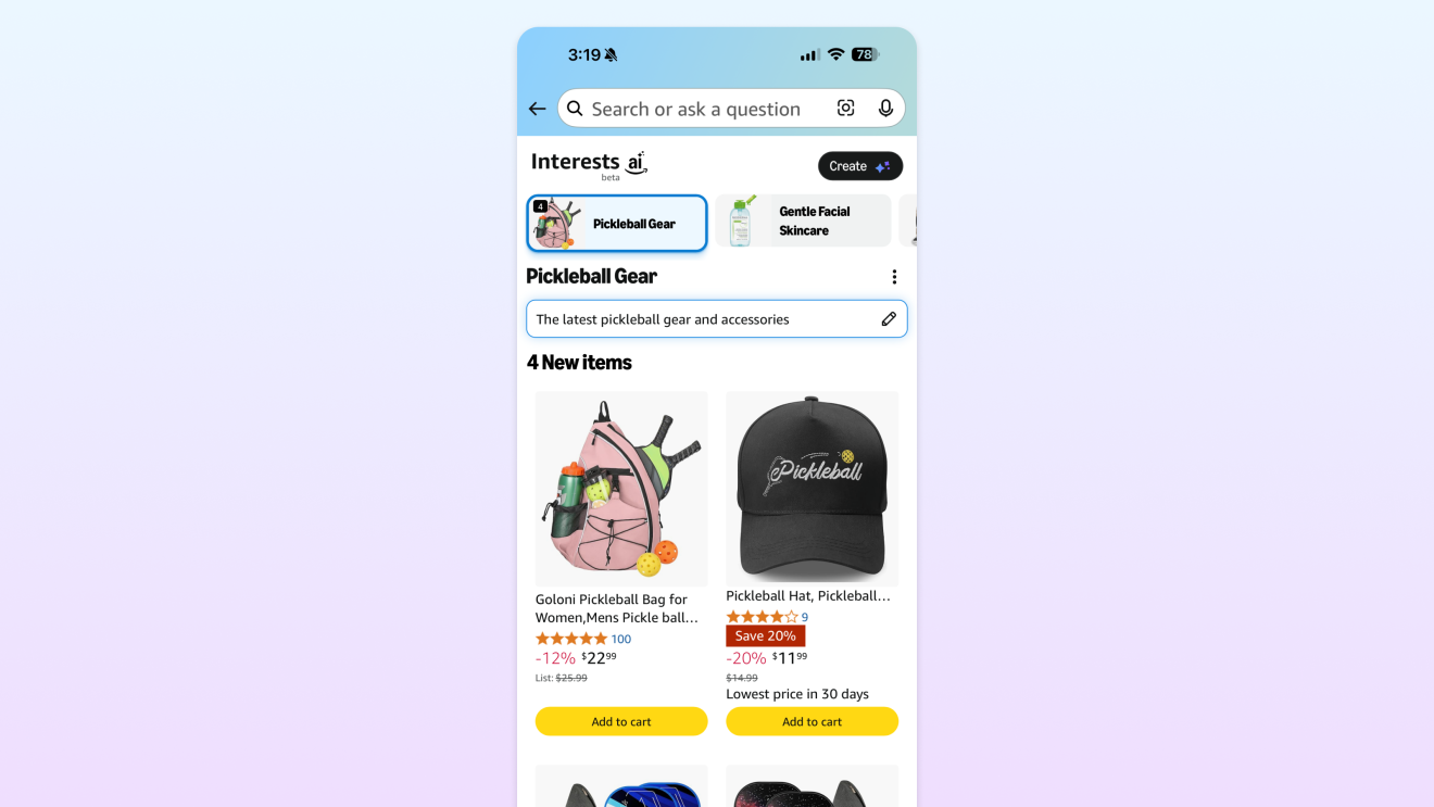 Amazon mobile app displaying Amazon AI-powered Interest showing a 'Pickleball Gear' interest page