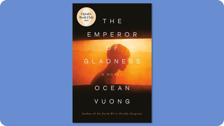 Novel cover featuring orange sunset silhouette, The Emperor of Gladness by Ocean Vuong