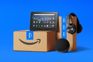 Amazon devices and Prime boxes on blue background