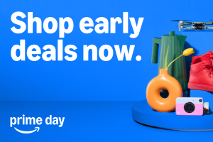 Prime Day promotion featuring colorful products on blue background