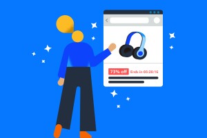 Stylized figure pointing at online discount offer for headphones