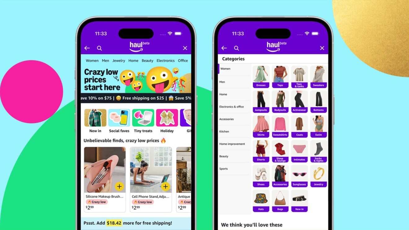 Haul app interface showing homepage and categories screen on two smartphones