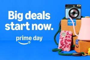 Amazon Prime Day promotion featuring various products on blue background