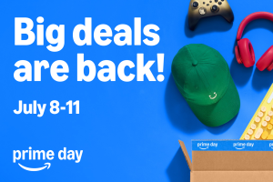 Amazon Prime Day deals advertised with colorful products on blue background