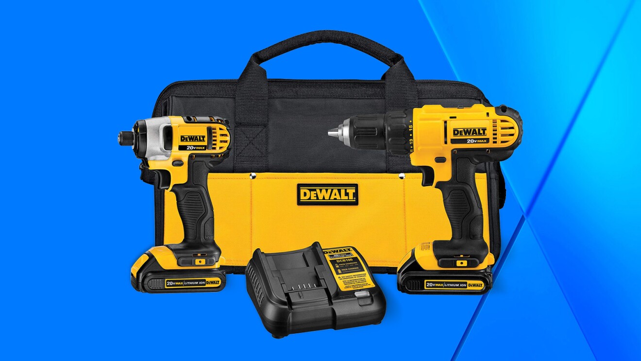 DeWalt power tool kit with drill, impact driver, batteries, and charger