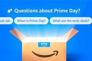 Amazon Prime Day promotion with FAQ buttons and glowing box