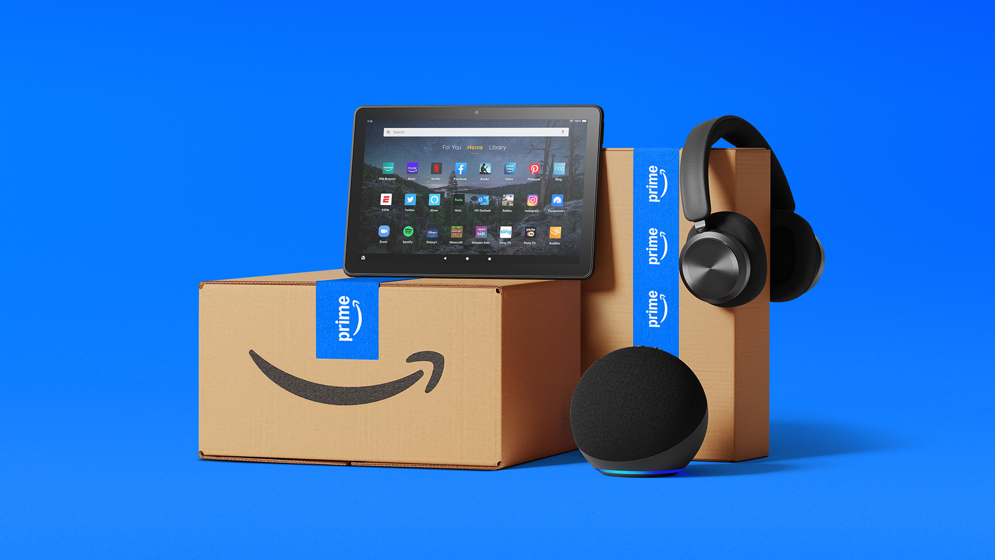 Amazon devices and Prime boxes on blue background