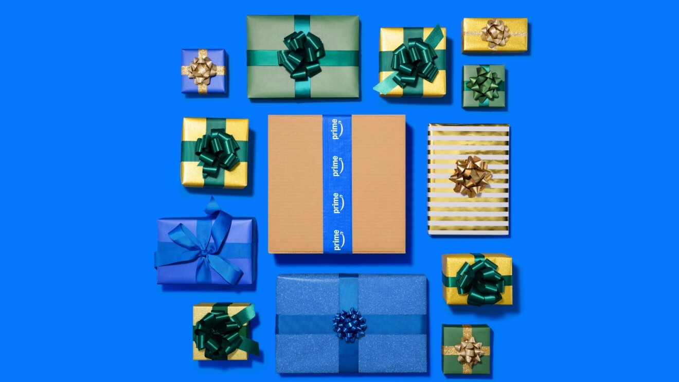 Assorted wrapped presents featuring Amazon Prime packaging