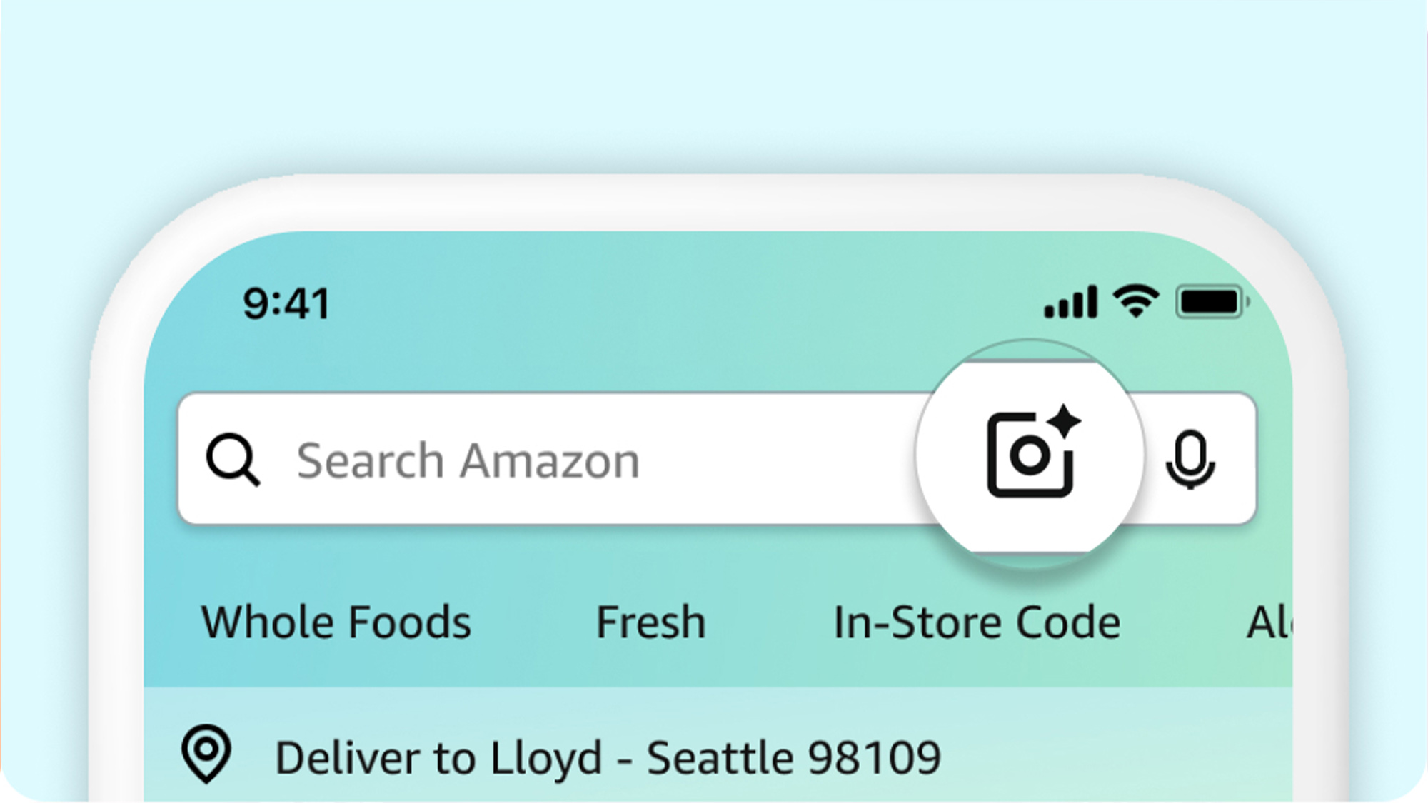 Amazon shopping app UI with Whole Foods and Fresh categories