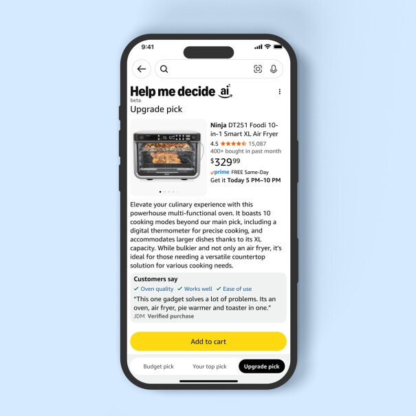 Smartphone displaying AI-assisted product recommendation for Ninja air fryer using Help Me Decide on Amazon