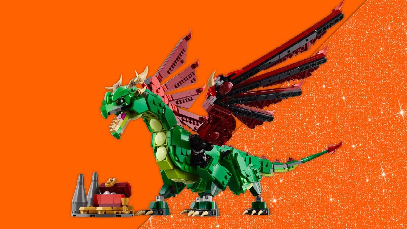 LEGO dragon with colorful wings guarding treasure on orange background