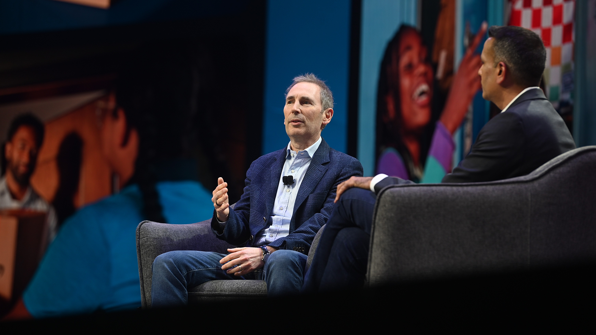 Amazon CEO Andy Jassy on stage with Dharmesh Mehta, VP of Worldwide Selling Partner Services, during a fireside chat at Amazon Accelerate 2025.