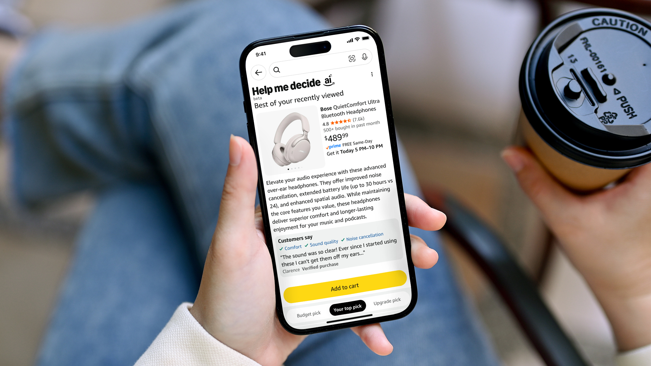Smartphone displaying product page for Bose QuietComfort Ultra Bluetooth headphones using the Help Me Decide feature on Amazon